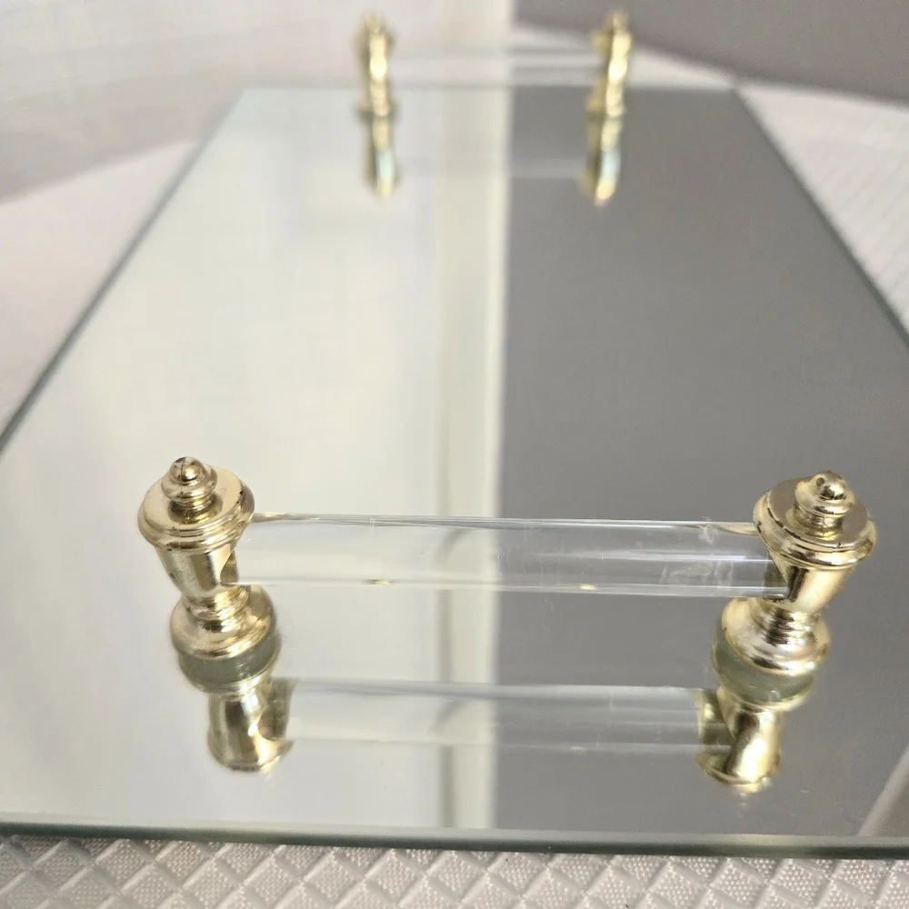 Vtg Mirrored Vanity Dresser Tray Lucite/Glass Handled Gold Accent Retro Bathroom